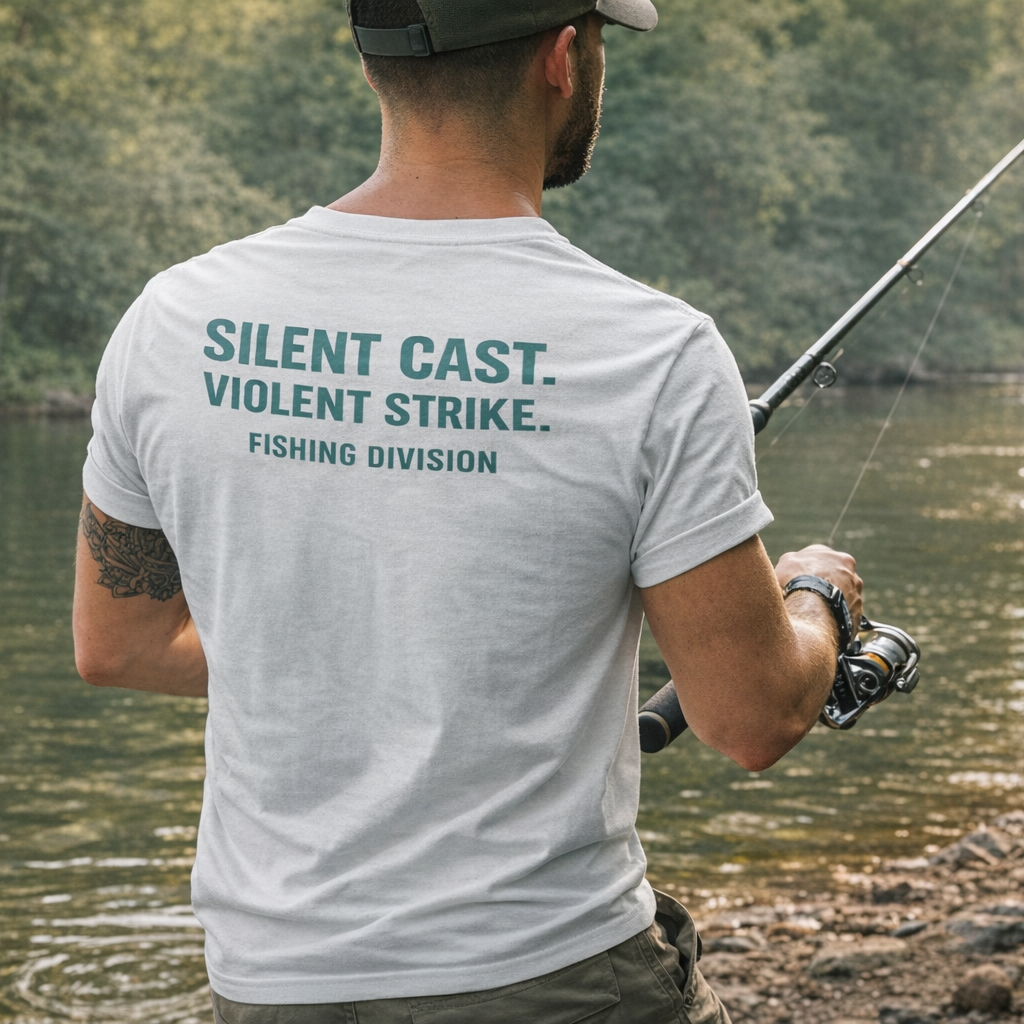 Man fishing by a river wearing a pine ops outdoors silent cast violent strike t shirt