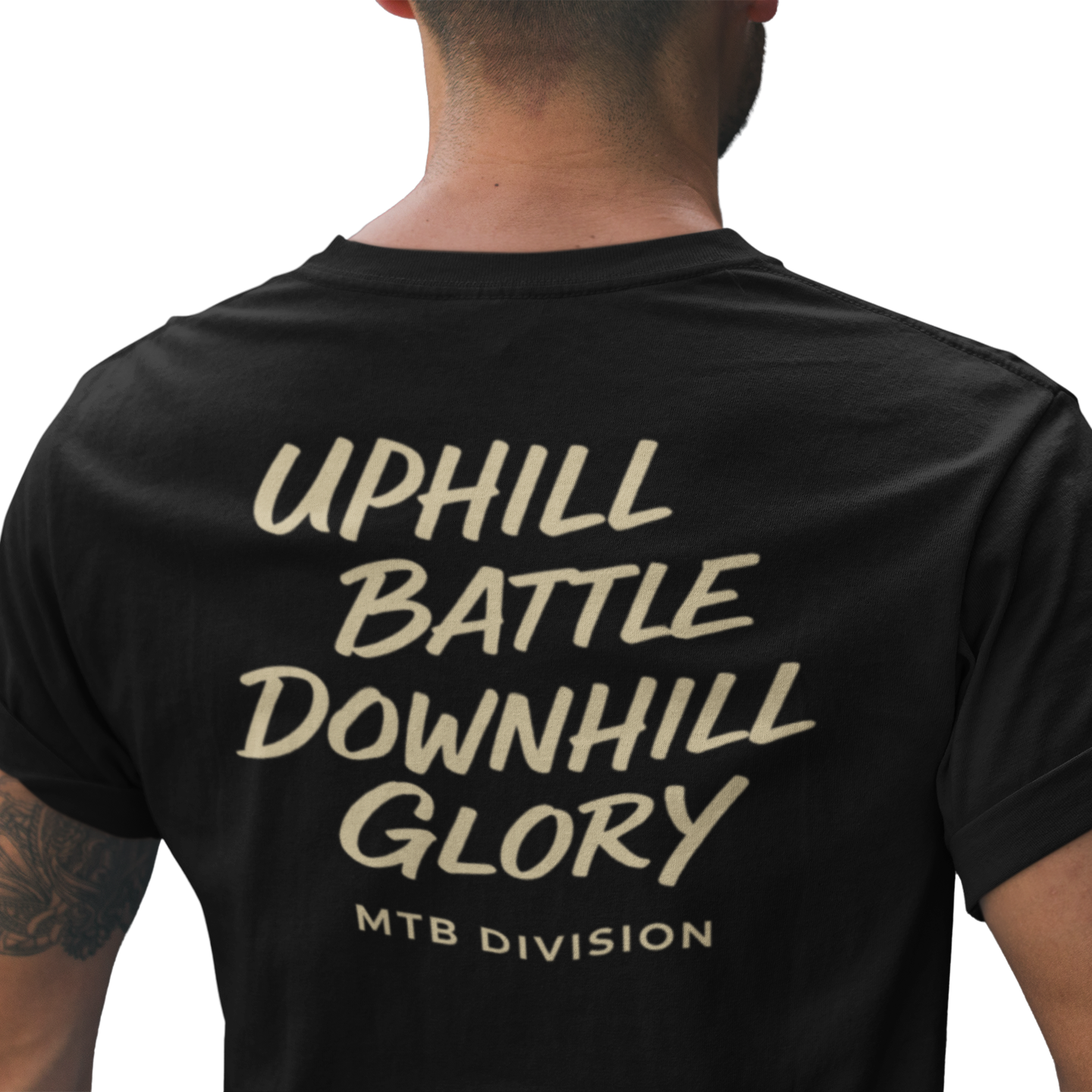 Black t-shirt with 'Uphill Battle Downhill Glory' text on the back, worn by a person.